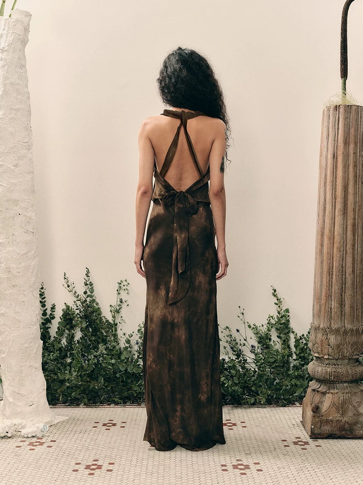 Tie-dye Coffee-colored Silk Backless Dress