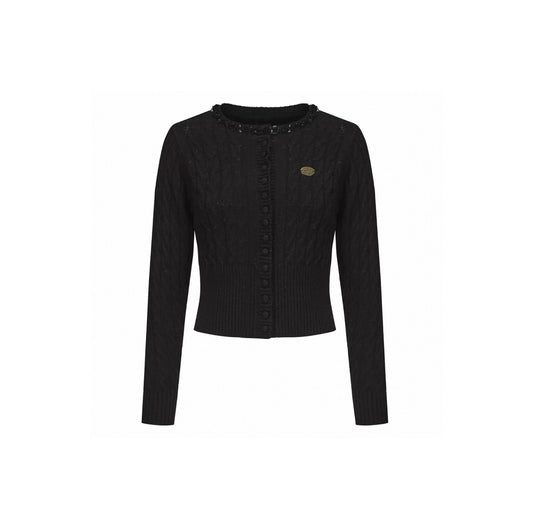 Sequin-Collar Cable Knit Cardigan