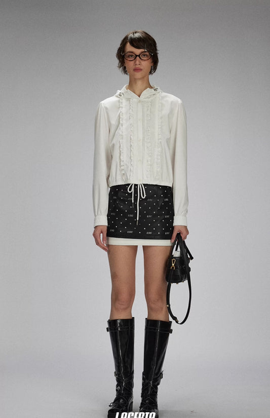 Ruffled Trim Hooded Preppy Shirt