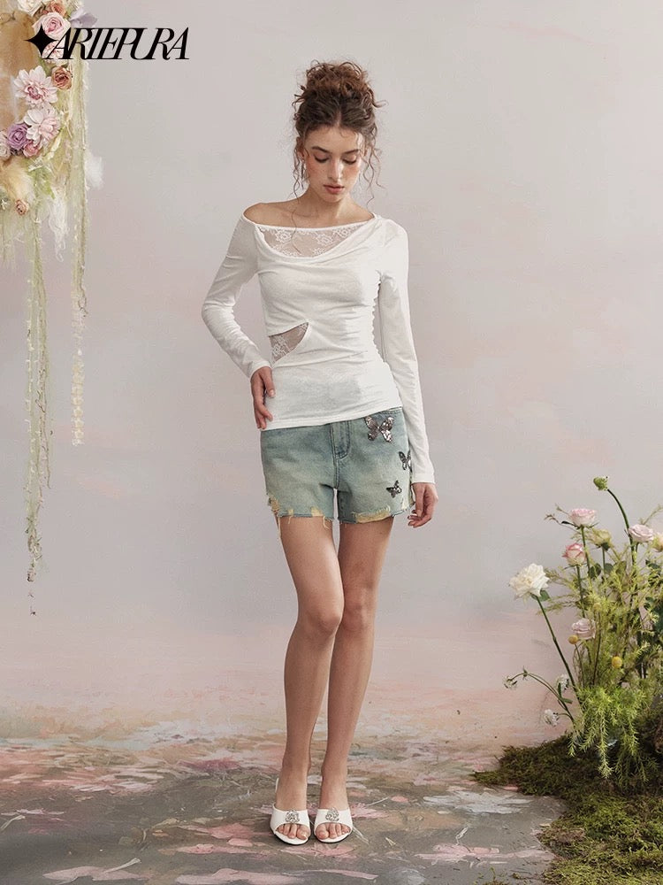 Dropped Shoulder Lace Double-layer Draped Neckline top