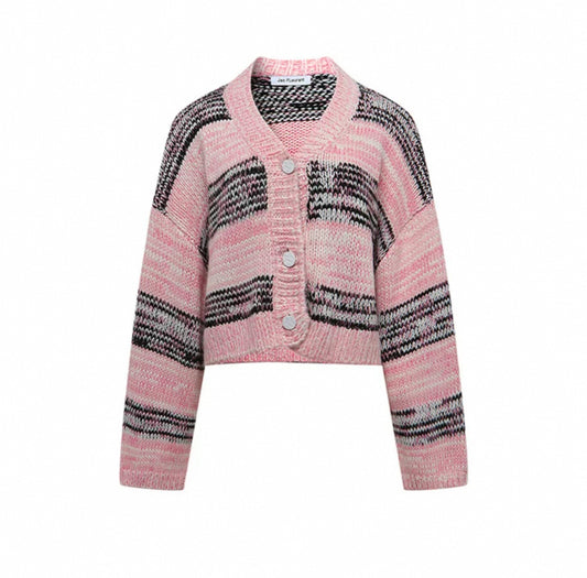 Pink And Gray Striped Cropped Cardigan