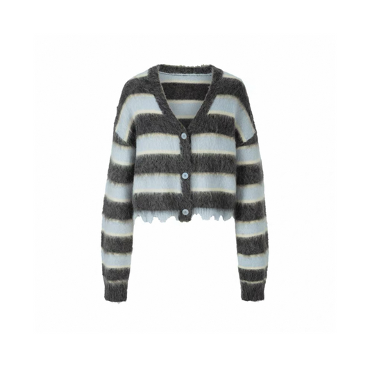 V-neck Striped Asymmetrical Knit Cardigan