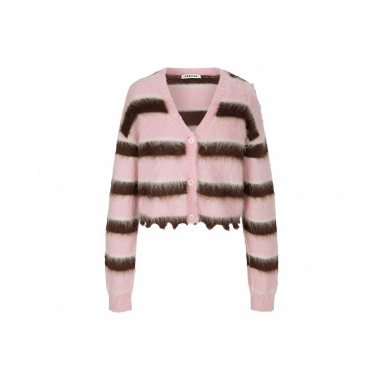 V-neck Striped Asymmetrical Knit Cardigan