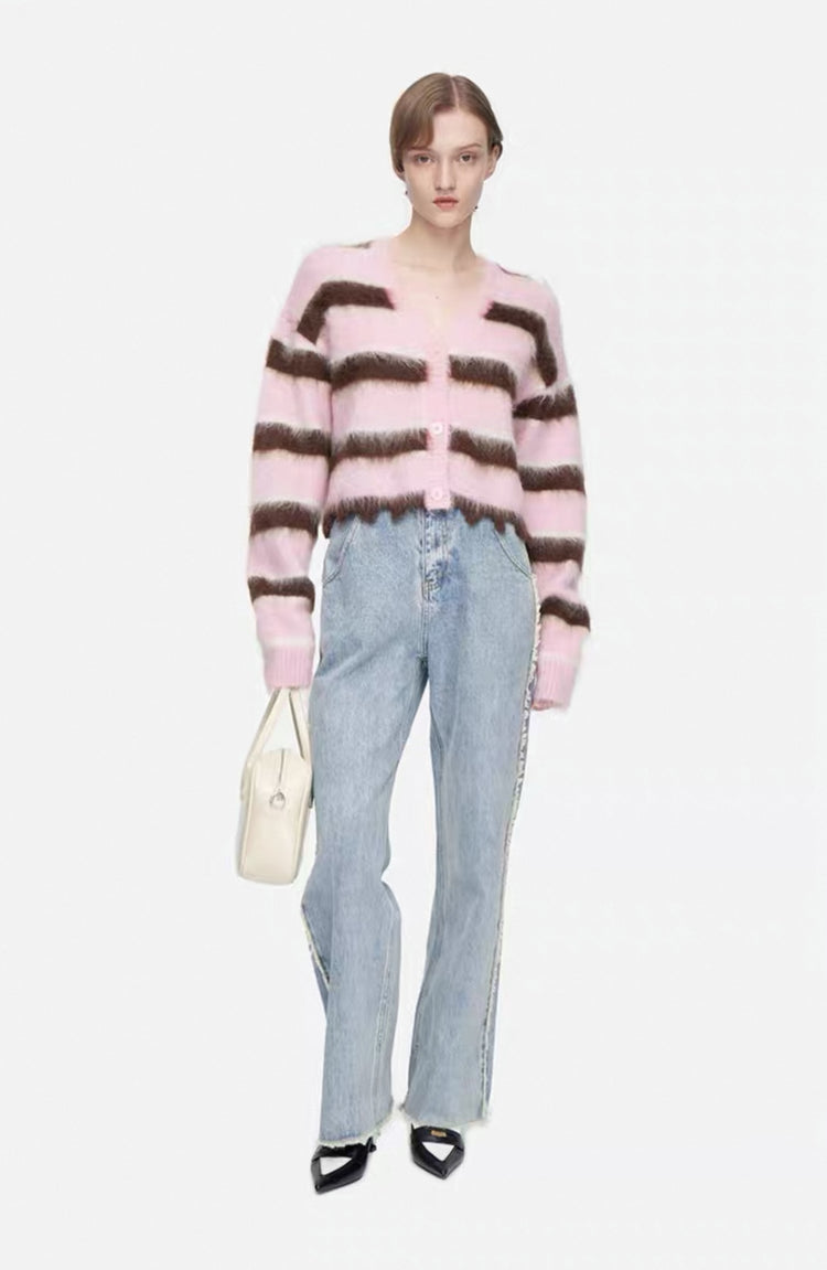 V-neck Striped Asymmetrical Knit Cardigan