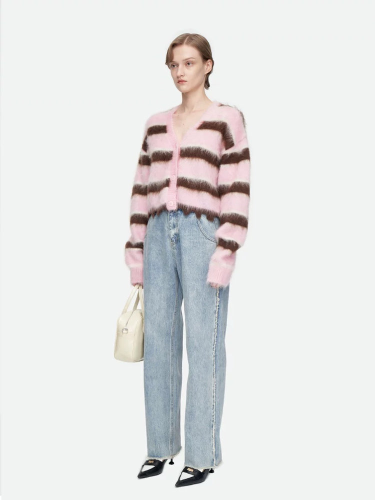 V-neck Striped Asymmetrical Knit Cardigan