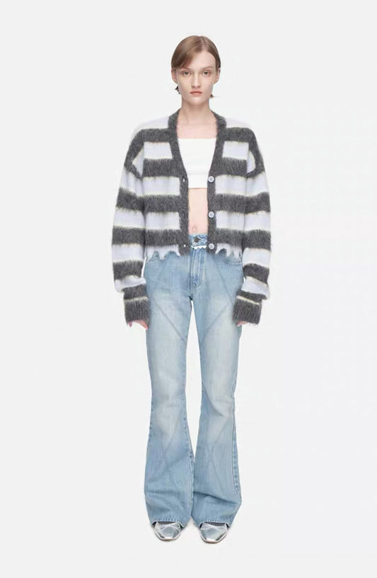 V-neck Striped Asymmetrical Knit Cardigan