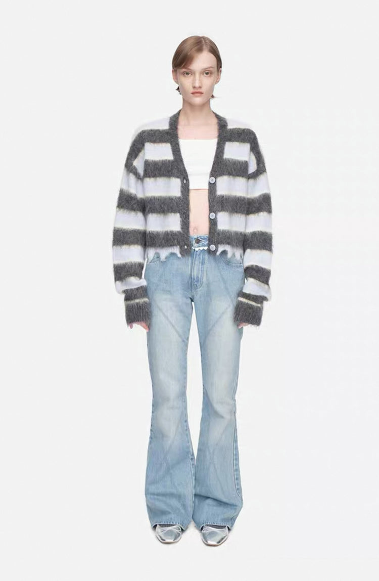 V-neck Striped Asymmetrical Knit Cardigan