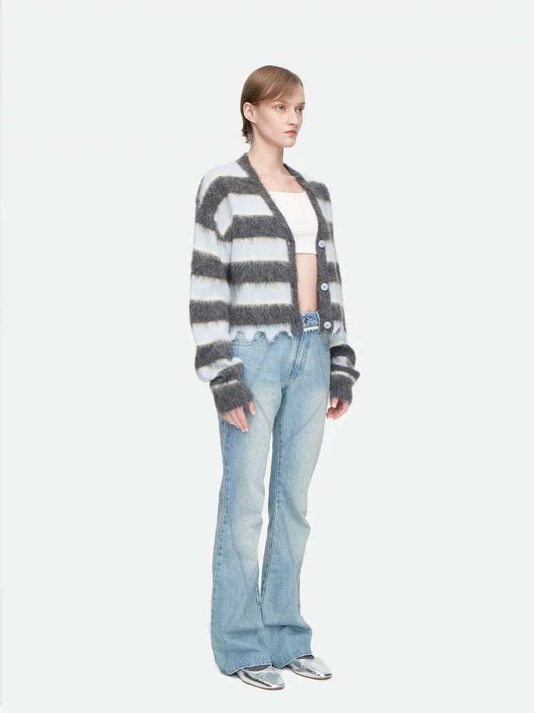 V-neck Striped Asymmetrical Knit Cardigan