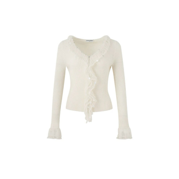 V-neck Ruffled Wool Knit Sweater