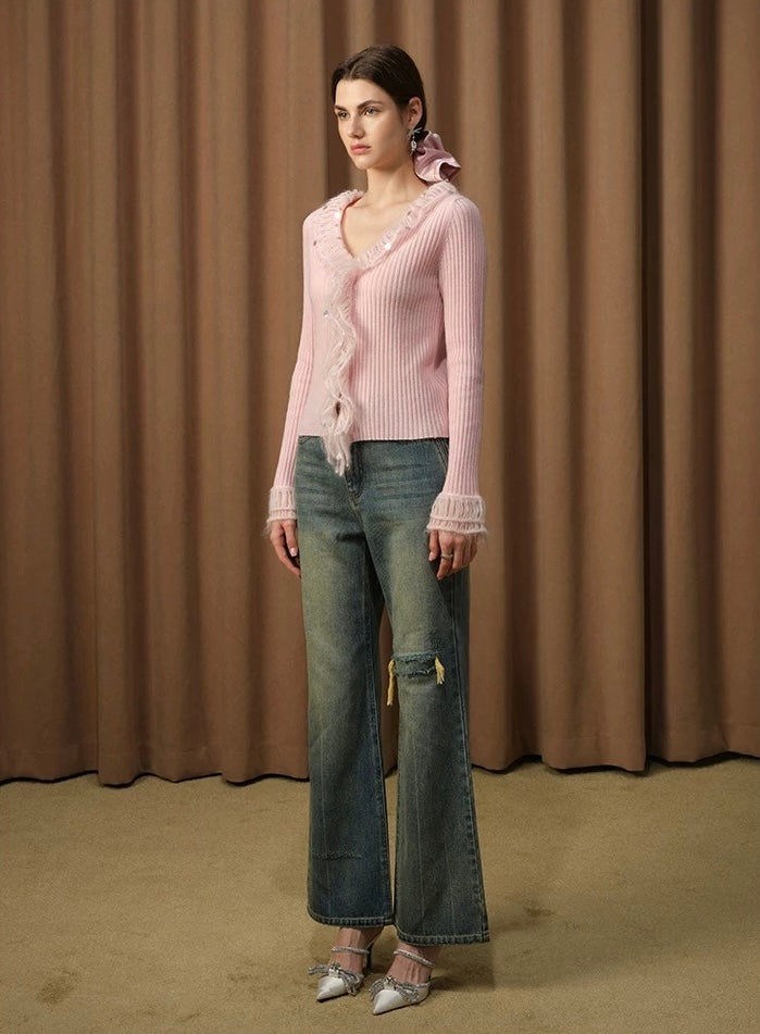 V-neck Ruffled Wool Knit Sweater