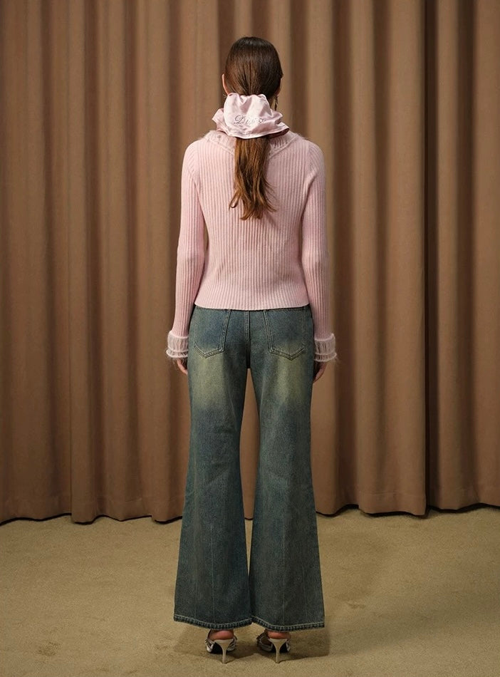 V-neck Ruffled Wool Knit Sweater