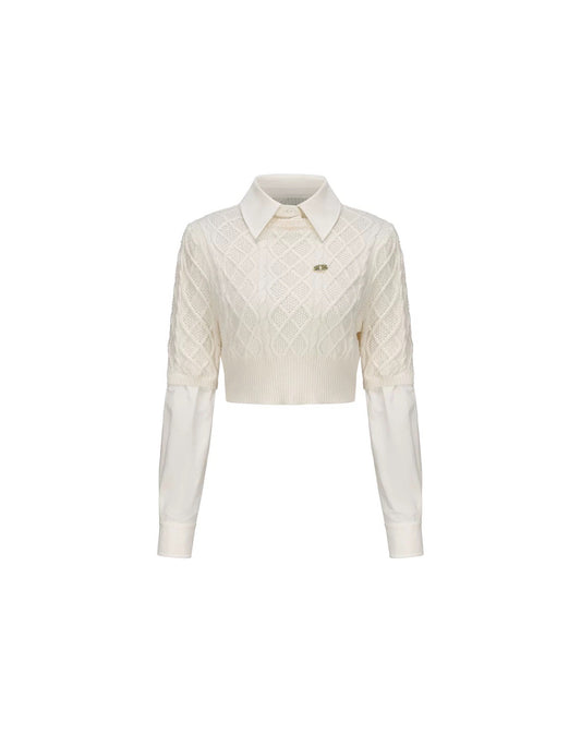 Fake Two-Piece Keyhole Metal Tag Knit Shirt