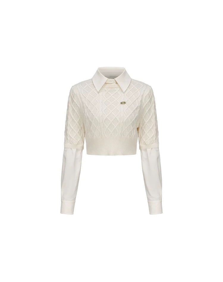 Fake Two-Piece Keyhole Metal Tag Knit Shirt