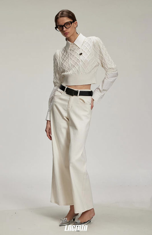 Fake Two-Piece Keyhole Metal Tag Knit Shirt