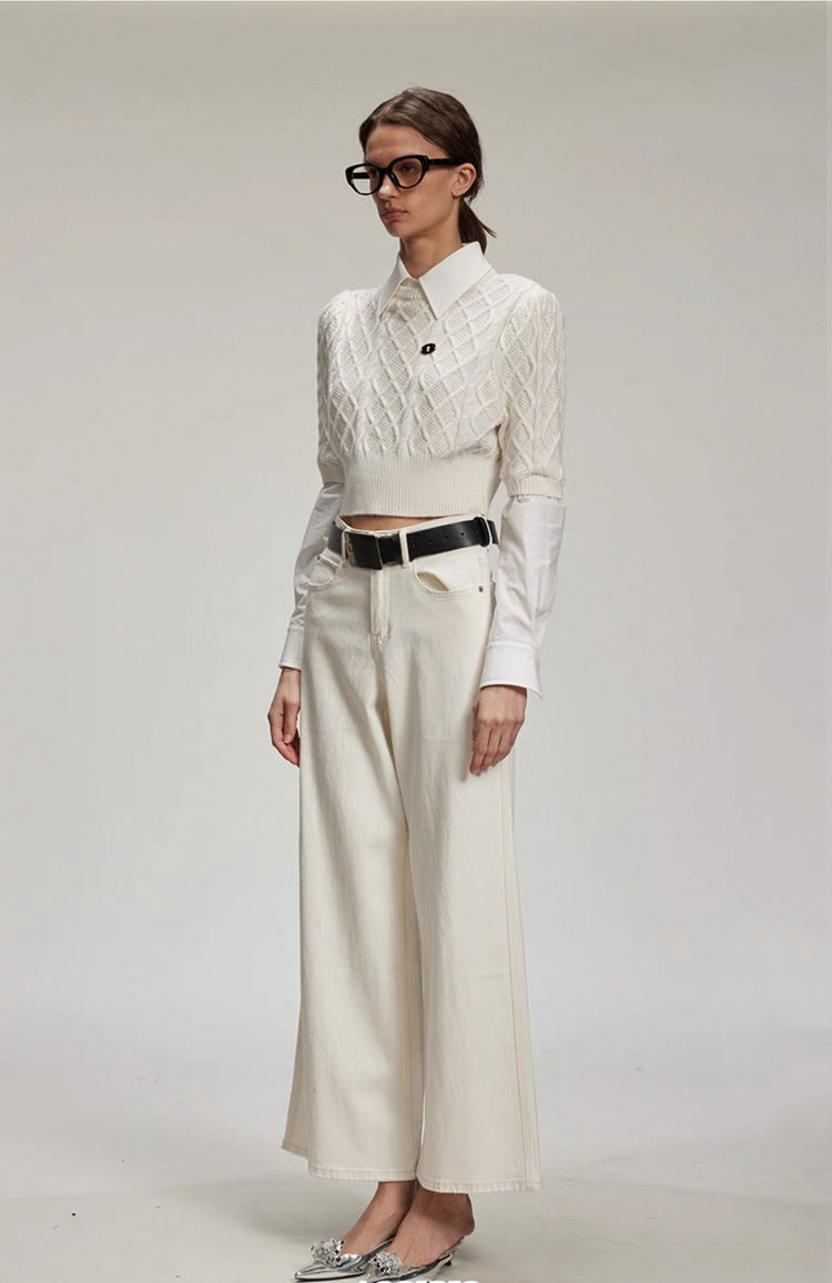 Fake Two-Piece Keyhole Metal Tag Knit Shirt