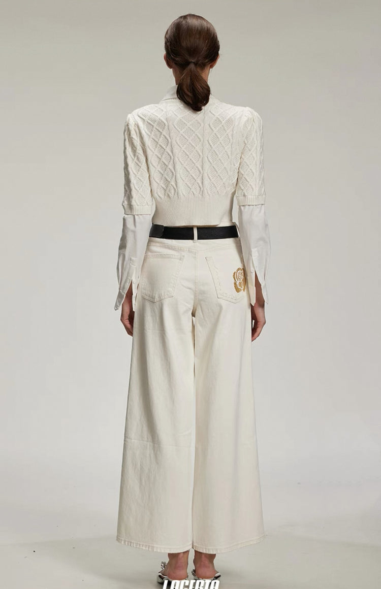 Fake Two-Piece Keyhole Metal Tag Knit Shirt