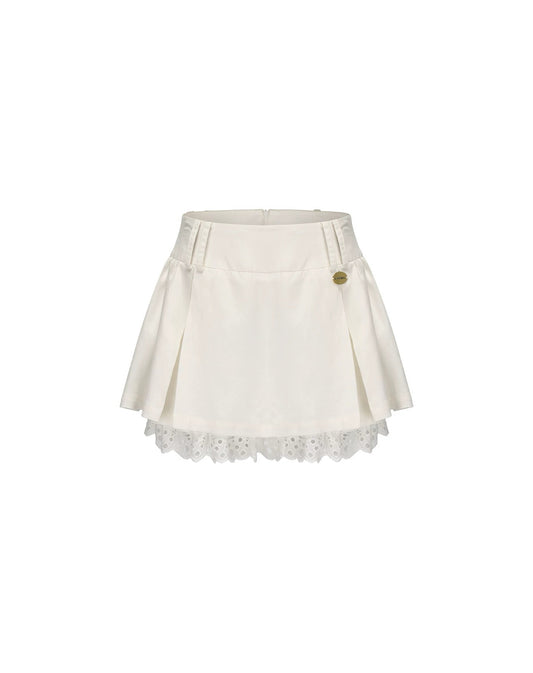 Cotton-Linen Lace Hem Pleated Skirt