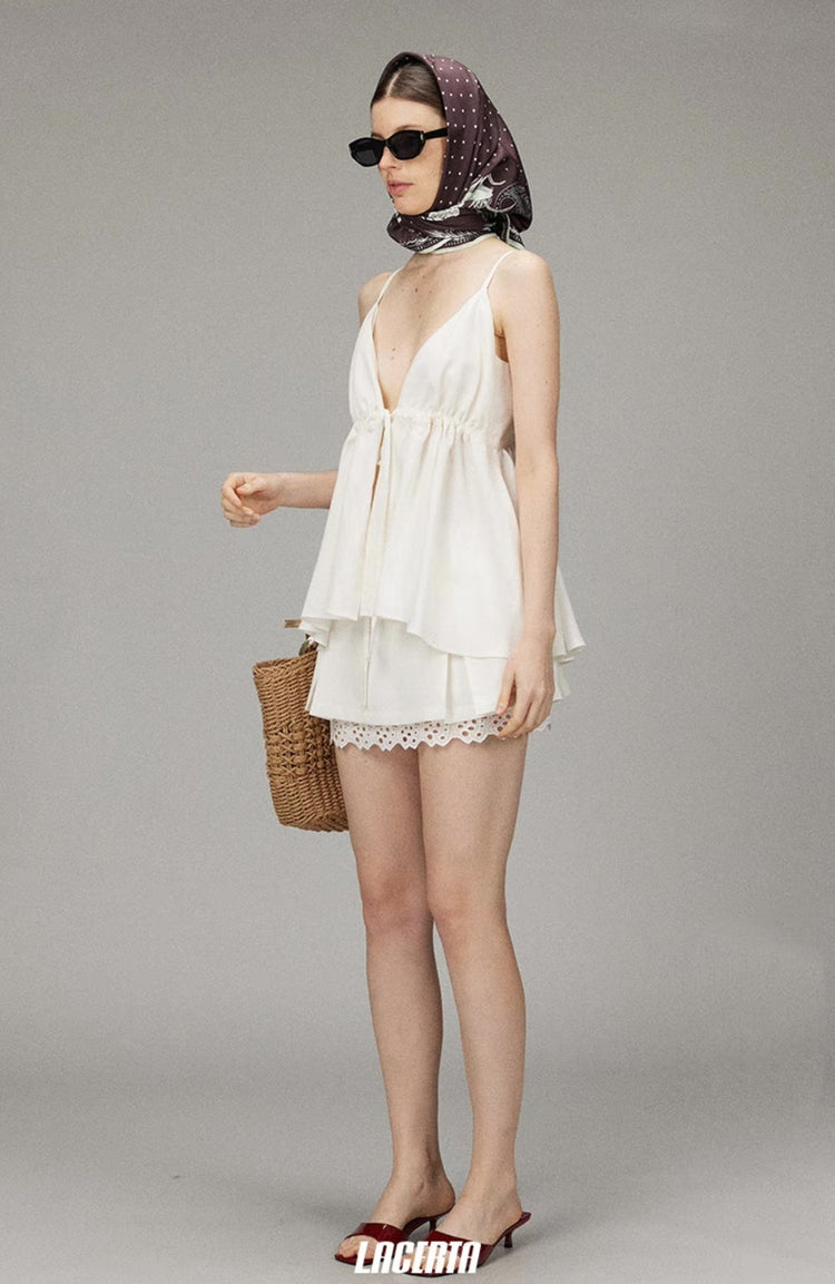 Cotton-Linen Lace Hem Pleated Skirt