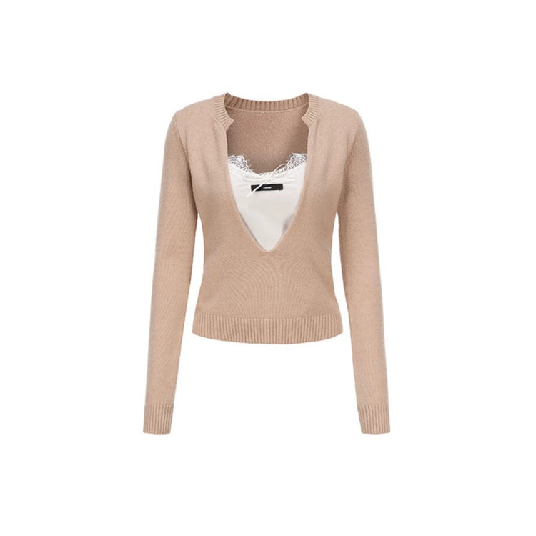 Deep V-neck Layered-look Knitted Sweater