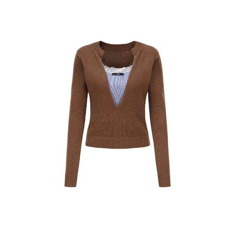 Deep V-neck Layered-look Knitted Sweater