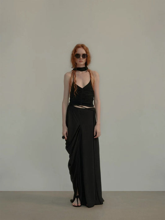 Black Ruched Halter Strap Top