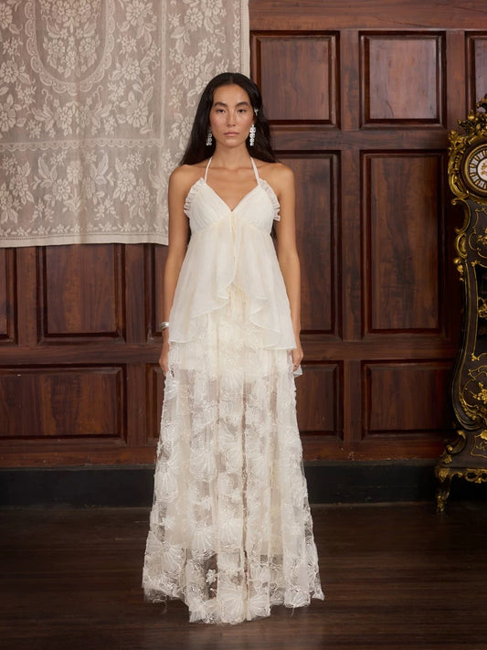 Bias-cut Faux Two-piece Embroidered Long Dress