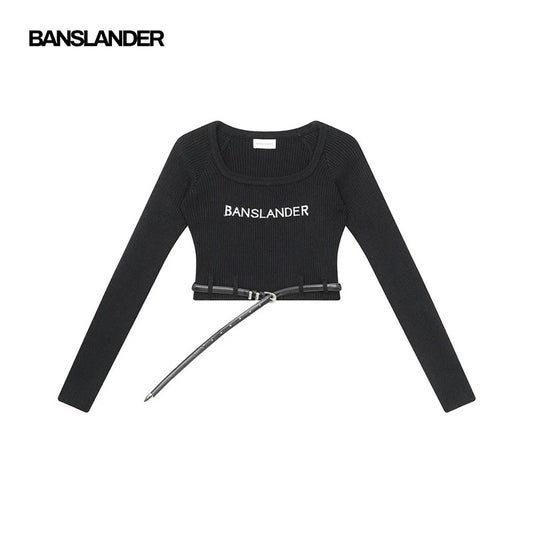 Square-Neck Belted Knitted Crop Top