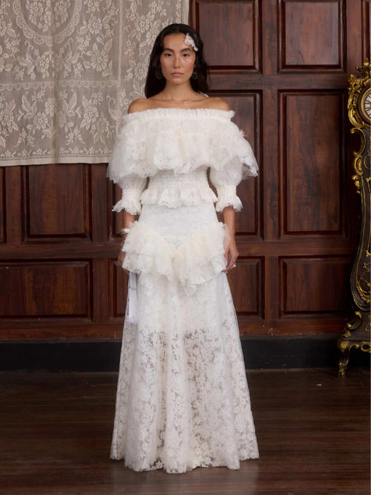 Layered Floral Tulle Appliqués Off-shoulder Top