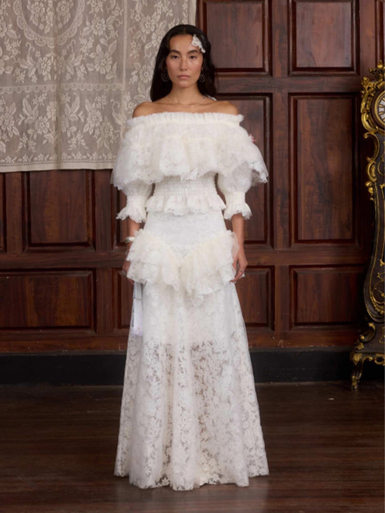Layered Floral Tulle Appliqués Off-shoulder Top