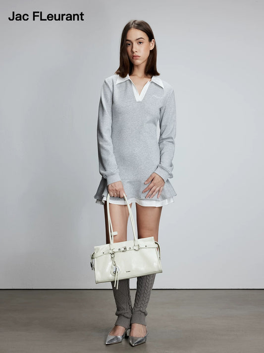 Gray White Contrast Ruffle Sweatshirt Dress