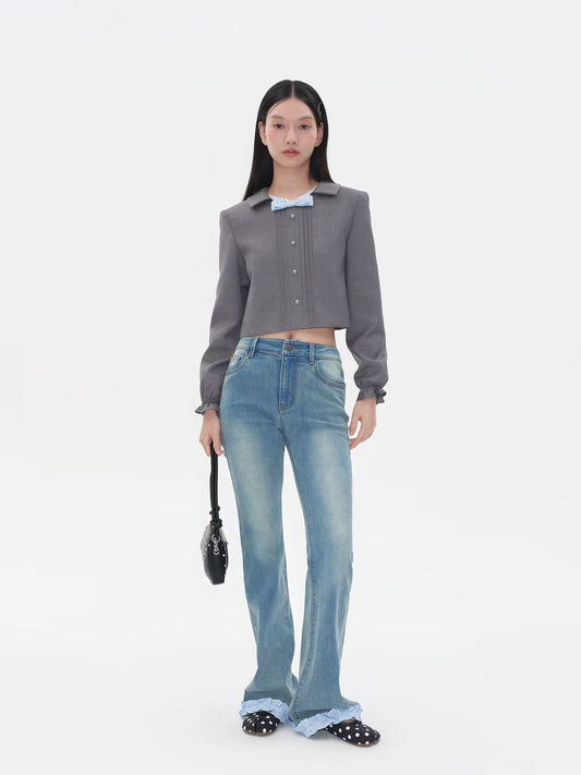 Bow-decorated Peter Pan Collar Cropped Jacket
