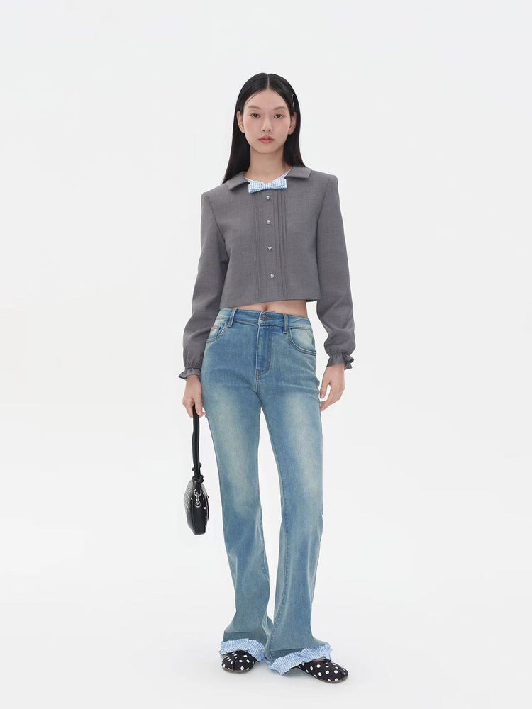 Bow-decorated Peter Pan Collar Cropped Jacket