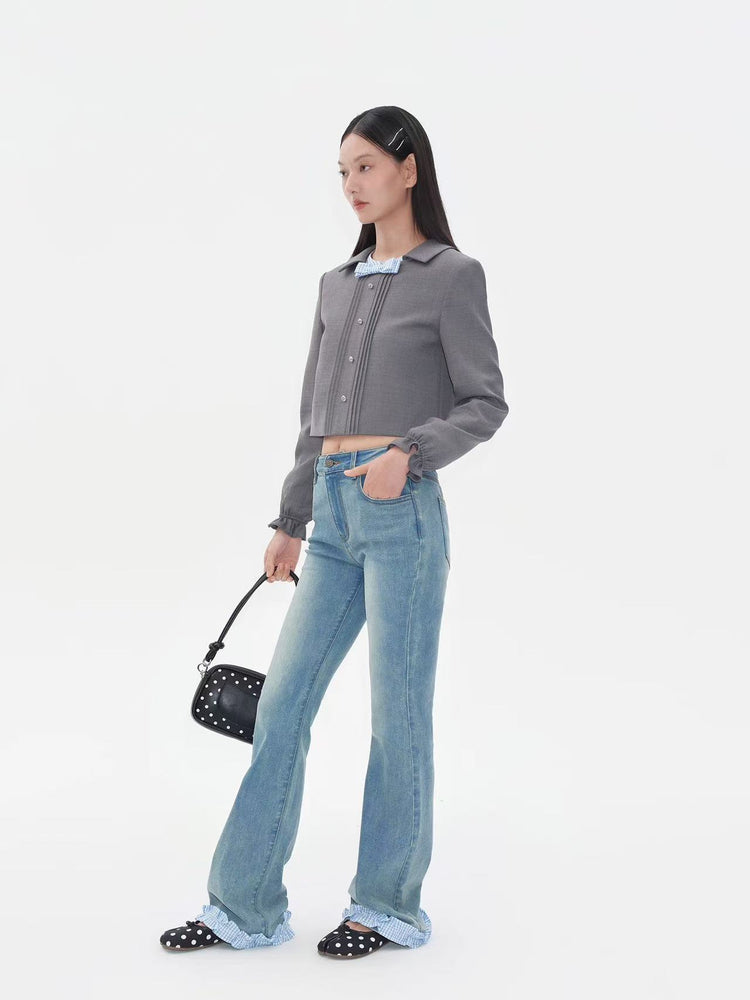 Bow-decorated Peter Pan Collar Cropped Jacket