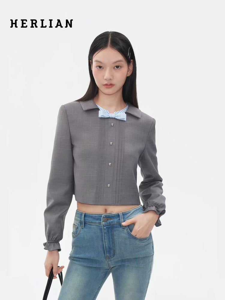 Bow-decorated Peter Pan Collar Cropped Jacket