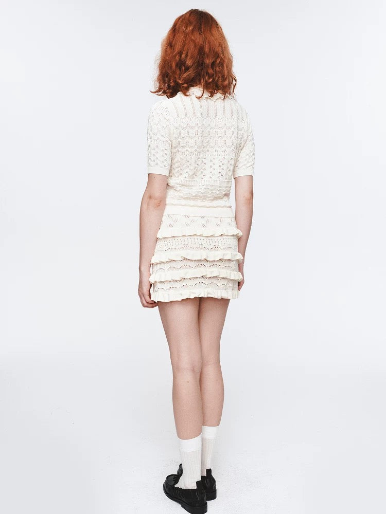 Ruffled Trim Hollow-Out T-Shirt