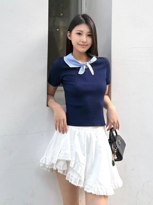 Tie-Neck Bow Short-Sleeve Top