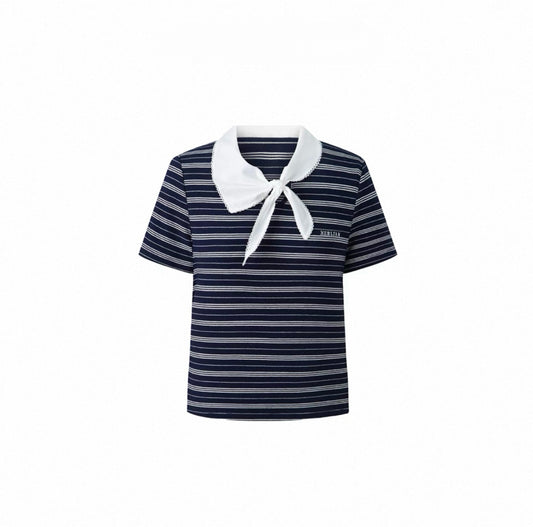 Striped Tie-Neck Bow Short-Sleeve Top
