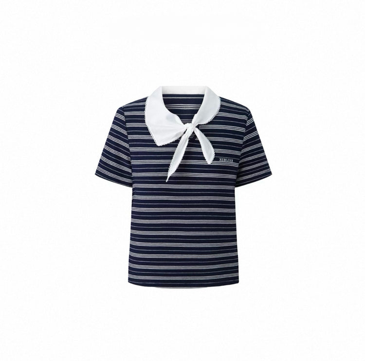 Striped Tie-Neck Bow Short-Sleeve Top