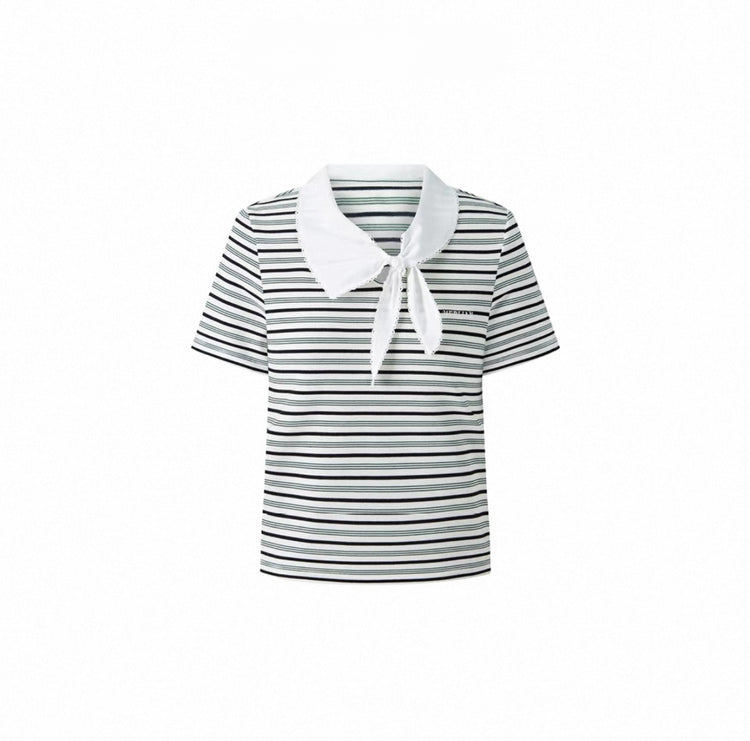Striped Tie-Neck Bow Short-Sleeve Top
