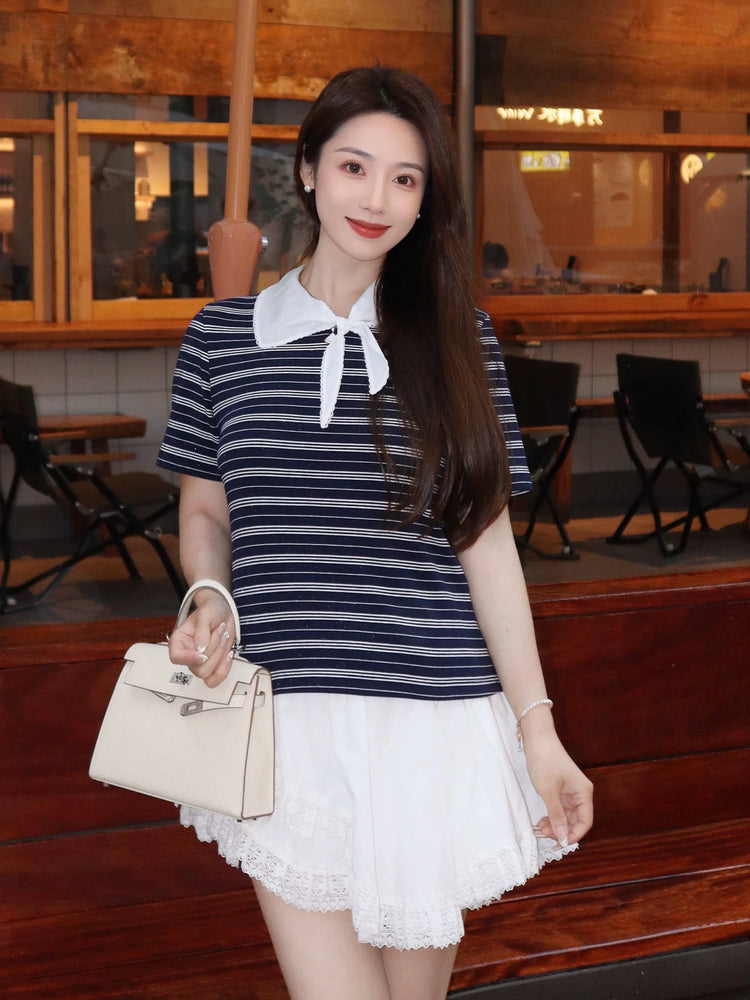 Striped Tie-Neck Bow Short-Sleeve Top
