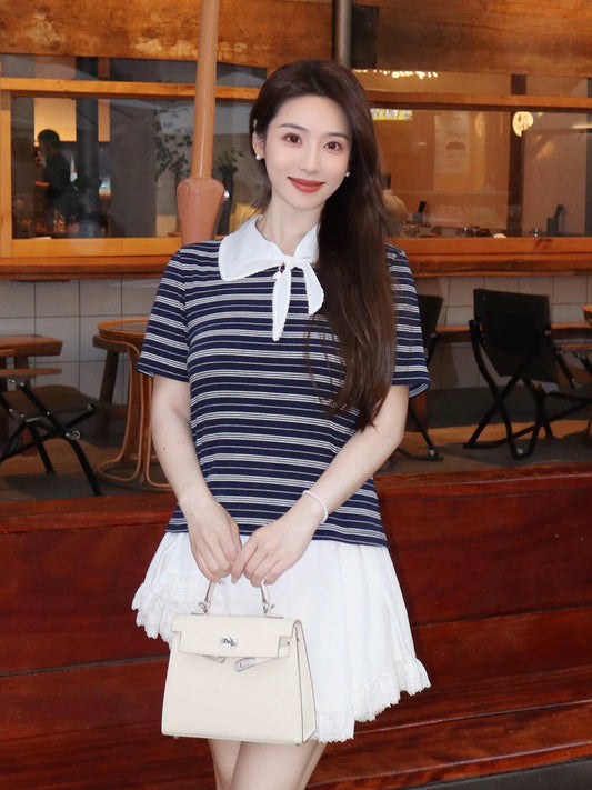 Striped Tie-Neck Bow Short-Sleeve Top