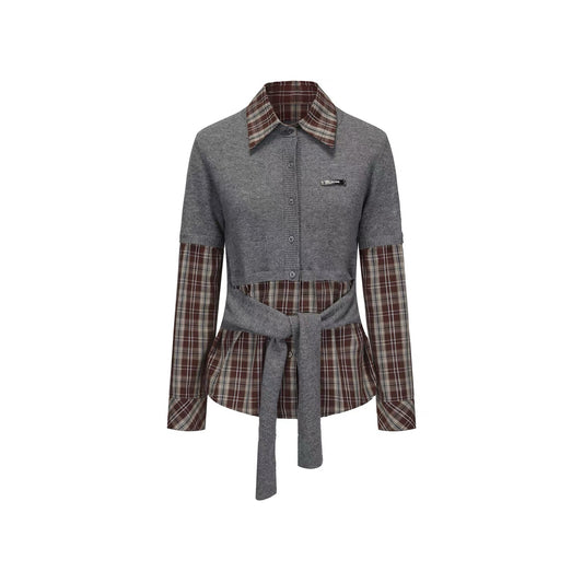 Plaid Knit-and-Woven Patchwork Tie-Up Top