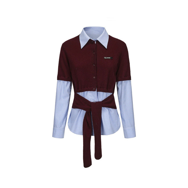 Plaid Knit-and-Woven Patchwork Tie-Up Top