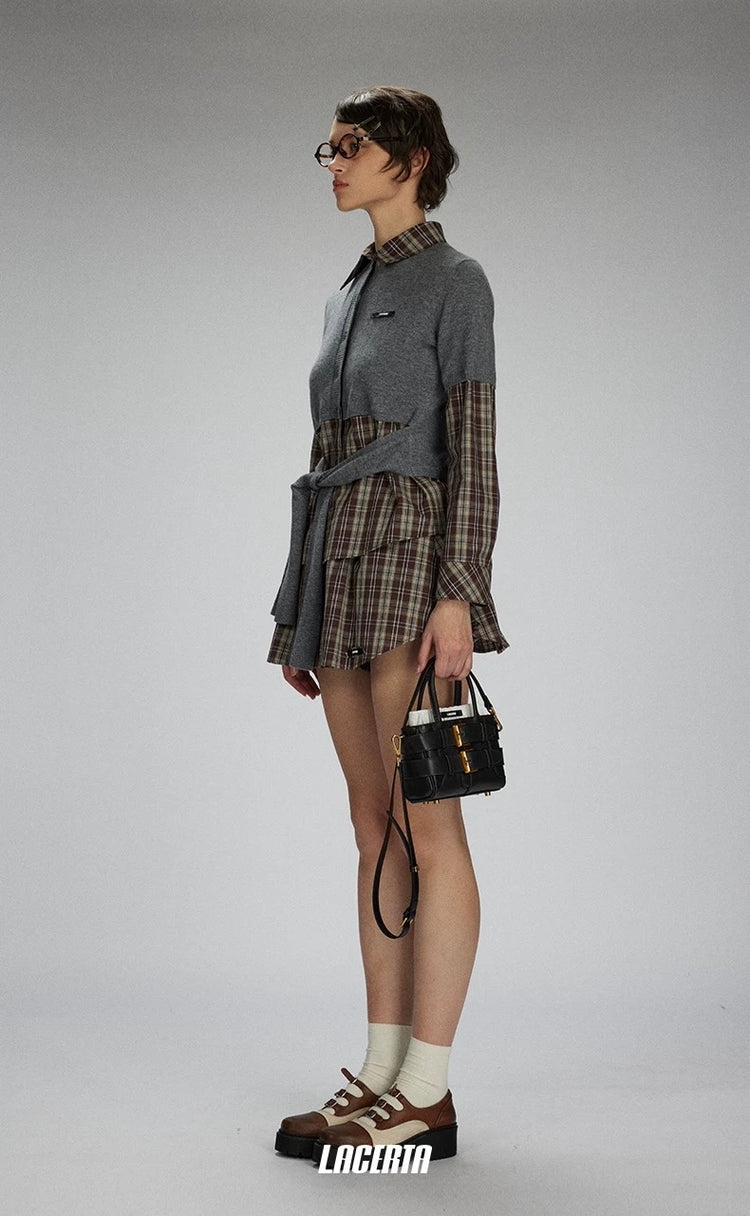 Plaid Knit-and-Woven Patchwork Tie-Up Top