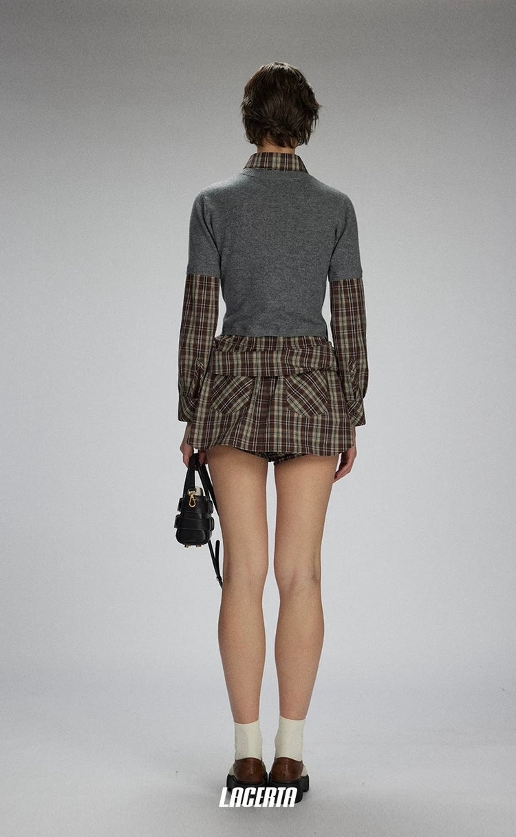 Plaid Knit-and-Woven Patchwork Tie-Up Top