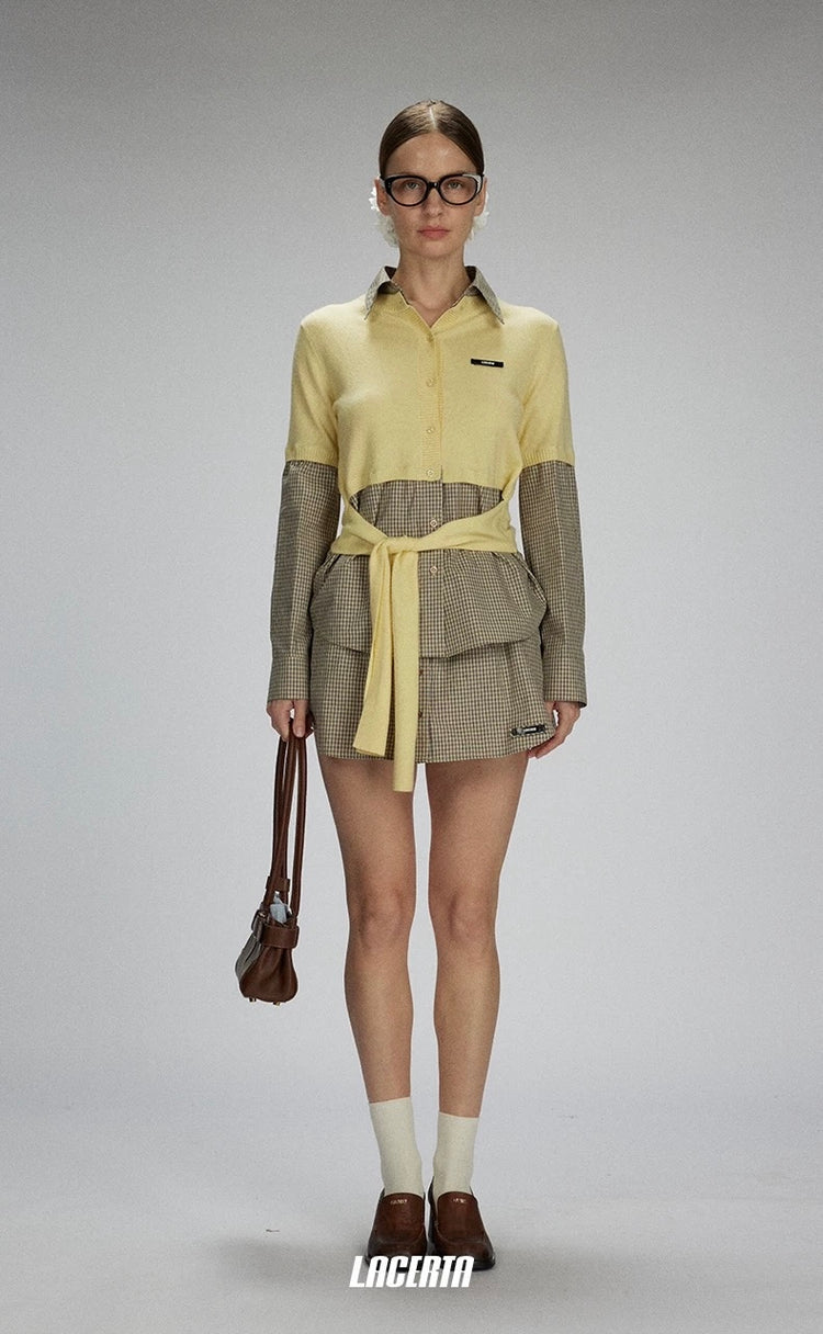 Plaid Knit-and-Woven Patchwork Tie-Up Top