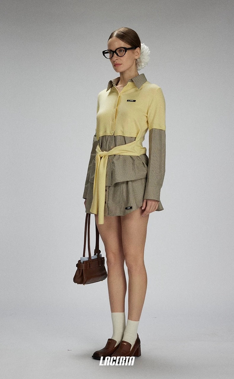 Plaid Knit-and-Woven Patchwork Tie-Up Top