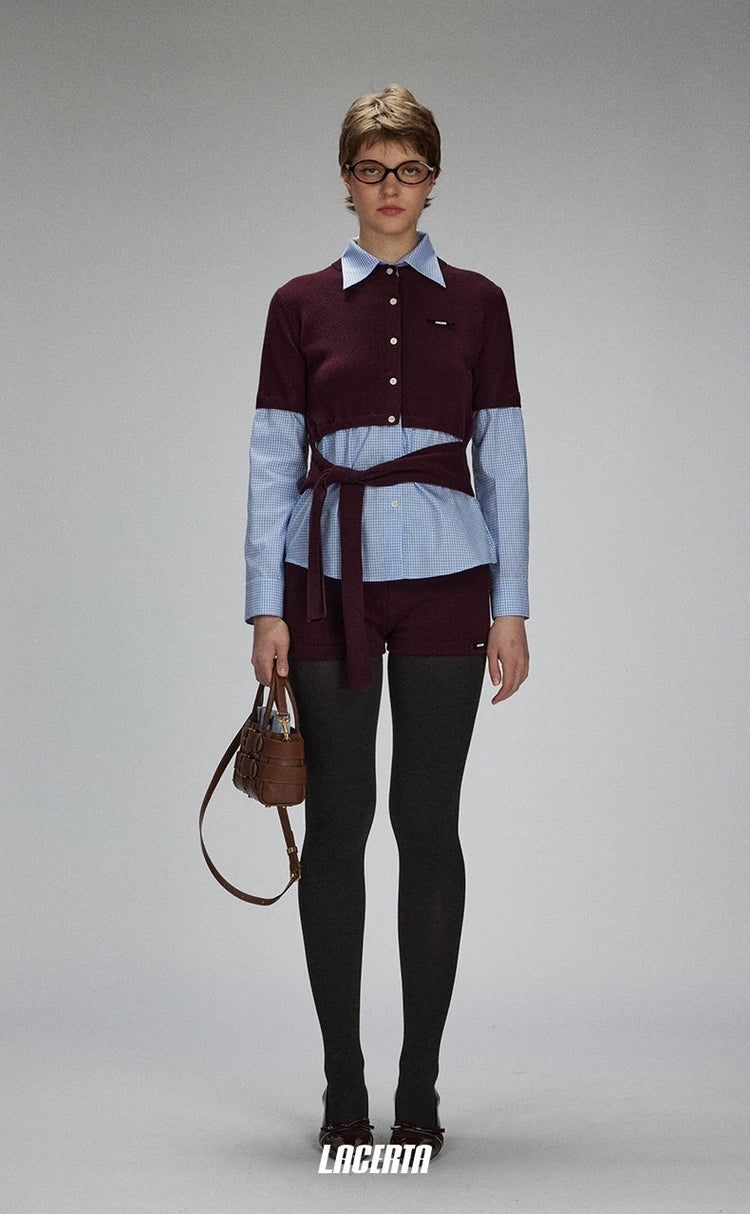 Plaid Knit-and-Woven Patchwork Tie-Up Top