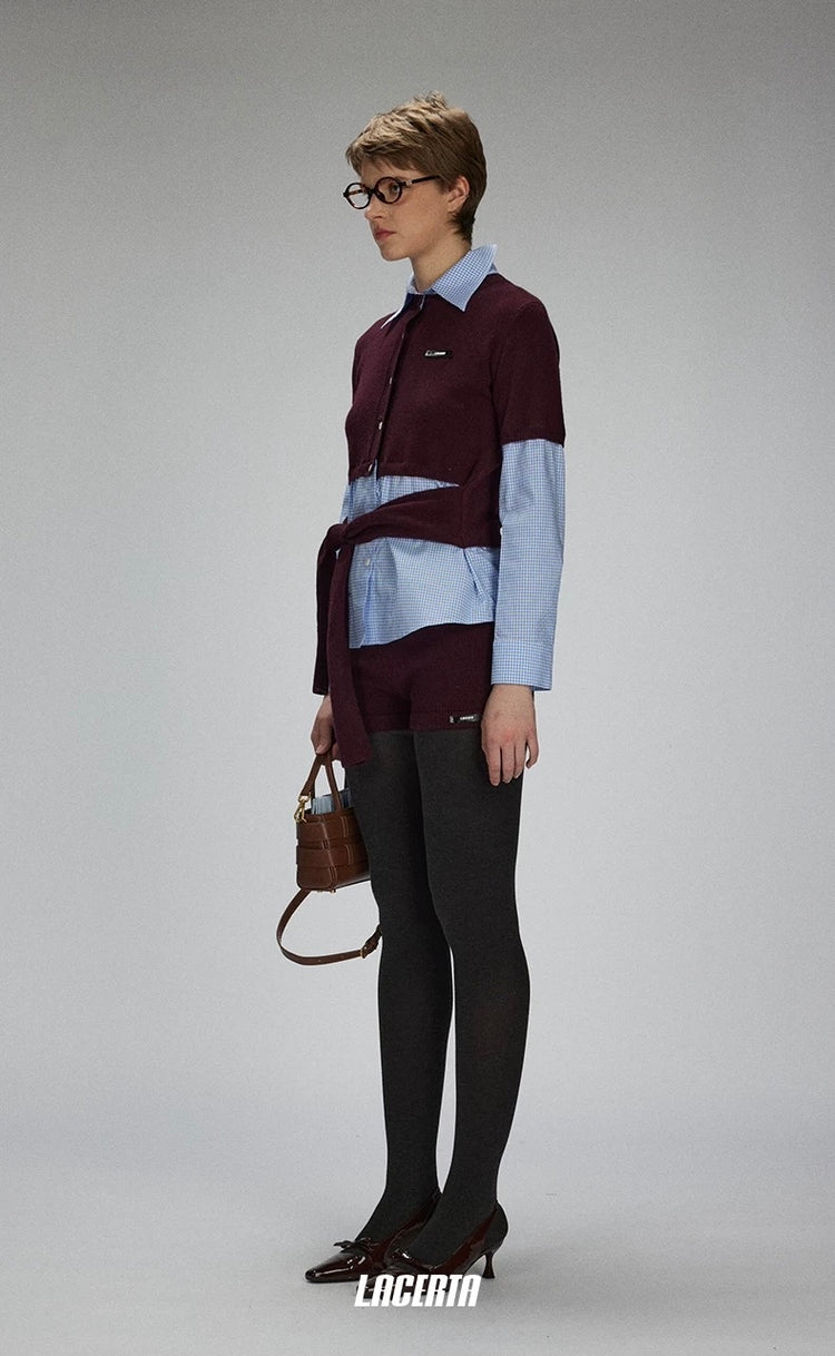 Plaid Knit-and-Woven Patchwork Tie-Up Top