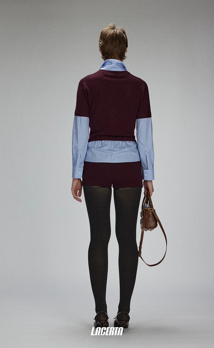 Plaid Knit-and-Woven Patchwork Tie-Up Top